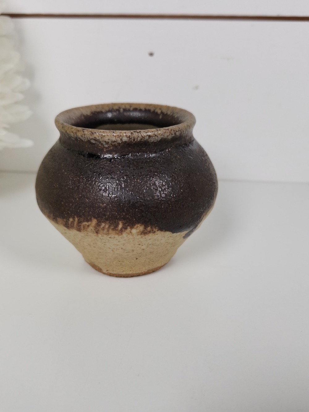 Small Vintage Brown and Tan Stoneware Jar | Rustic Bud Vase | Organic Pottery